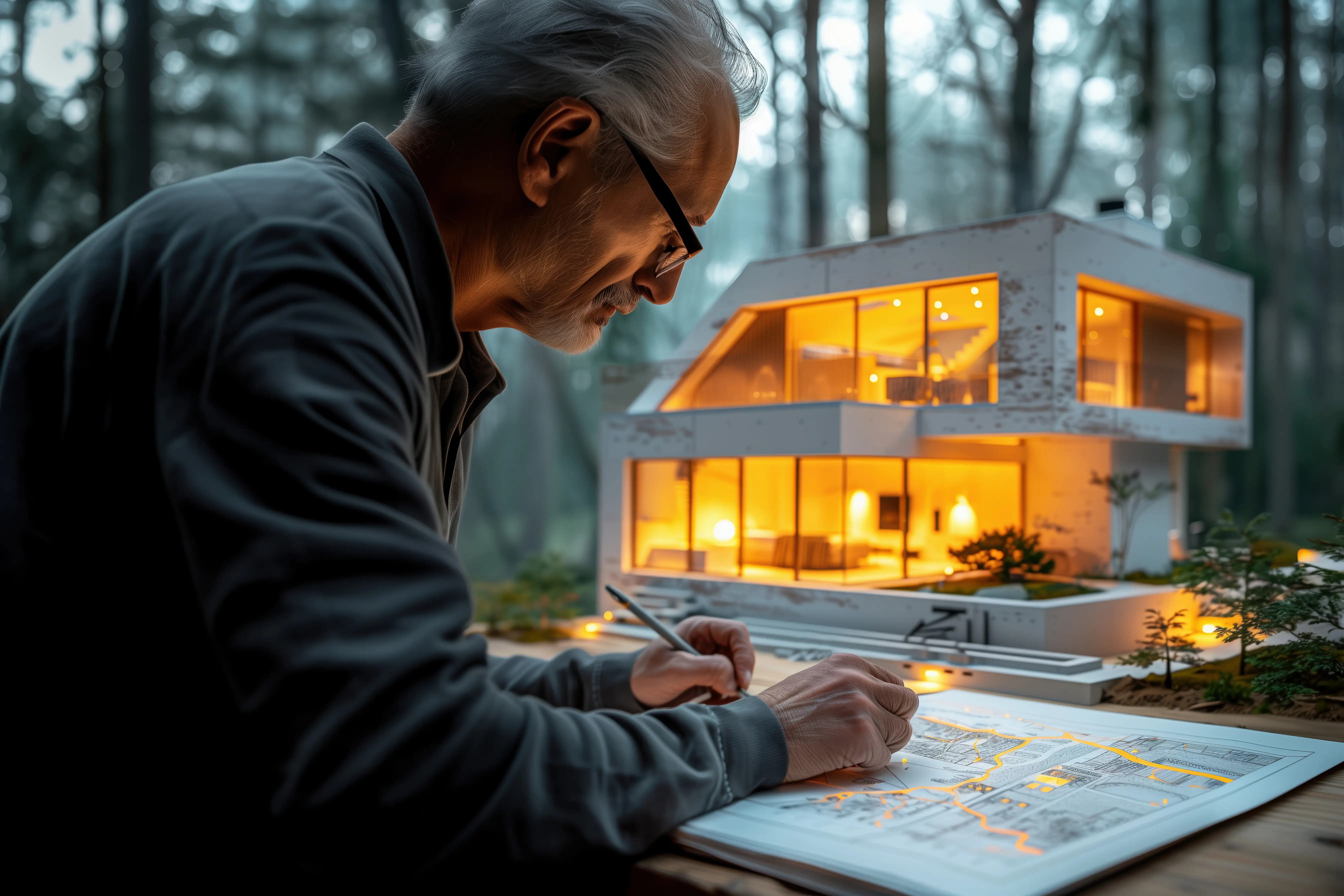 Versierter Architekt analysiert sorgfältig Baupläne für ein zeitgenössisches, umweltfreundliches Haus mit einem leuchtenden