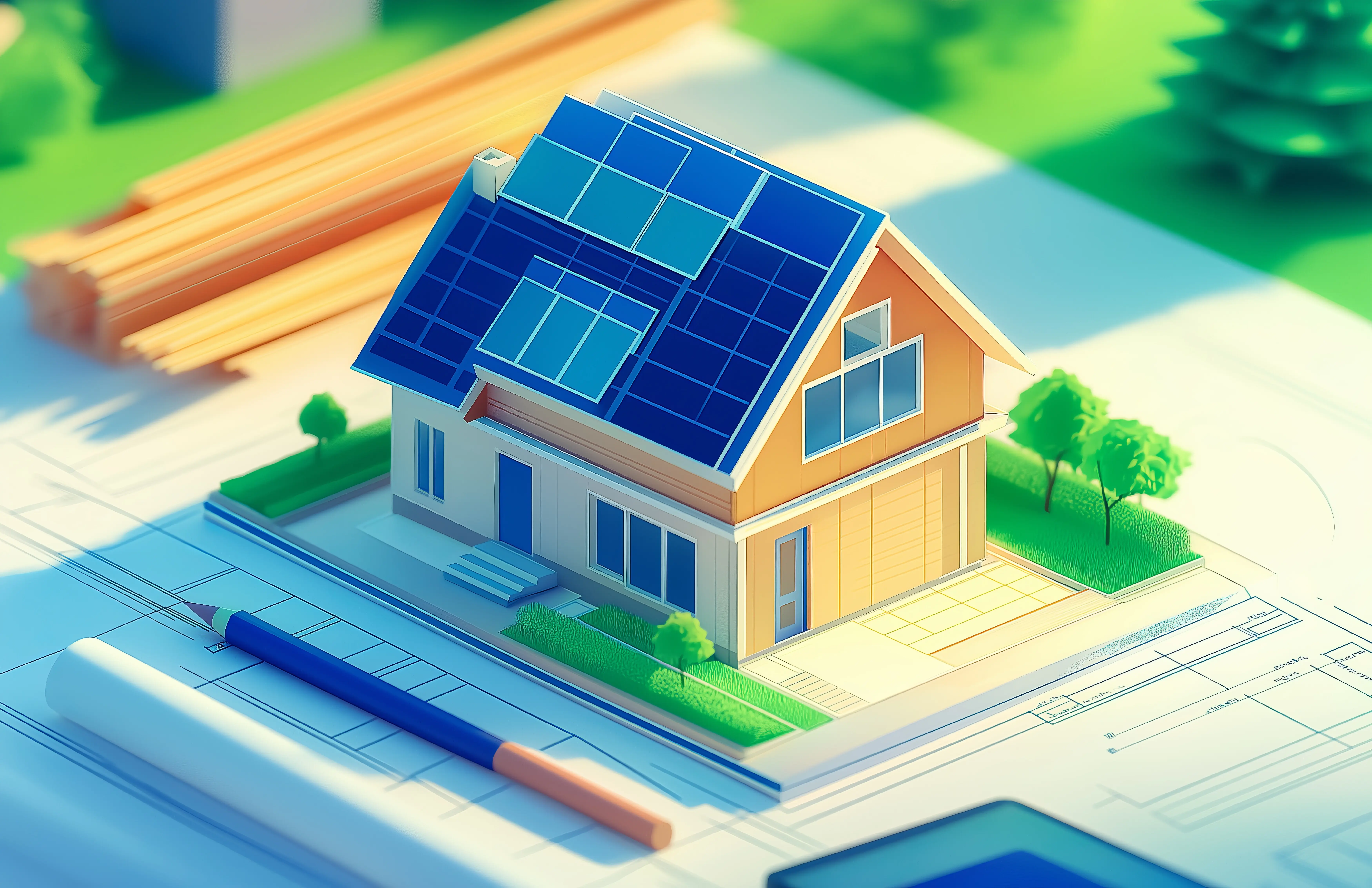 Hausmodell für nachhaltiges Wohndesign mit Solarmodulen auf einer Blaupause.