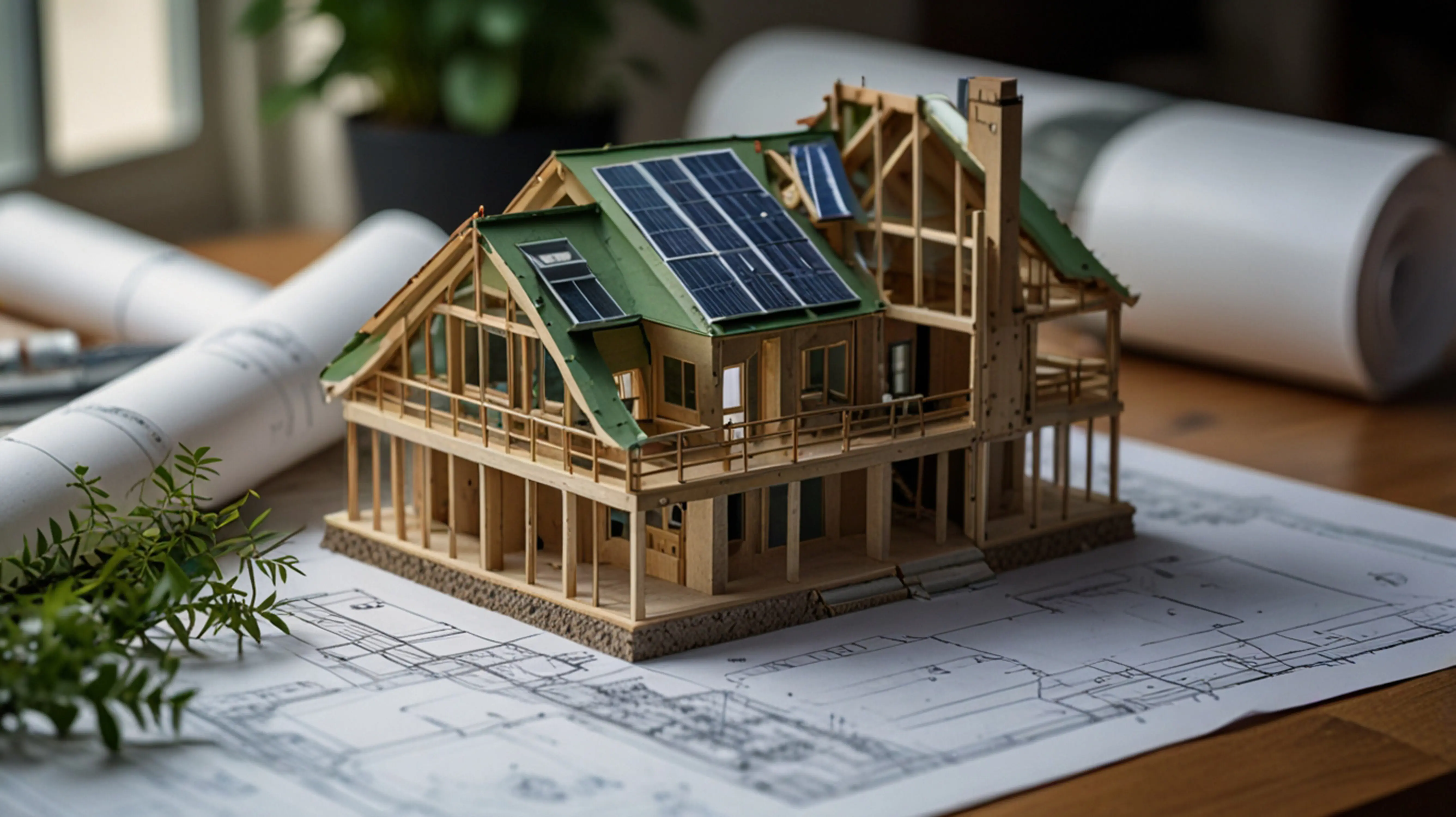 Ein Hausmodell mit Solarmodulen auf dem Dach.